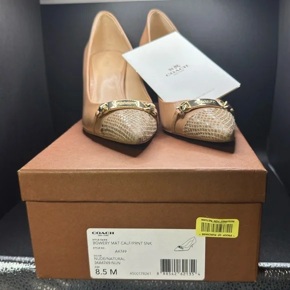 Coach Nude Pointed-Toe Flats with Gold Chain & Snakeskin Toe - Picture 2 of 12